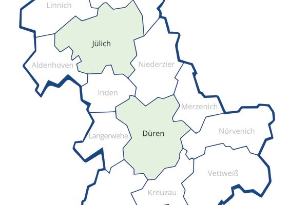 Illustration einer Karte des Kreises Düren mit allen Gemeinden.